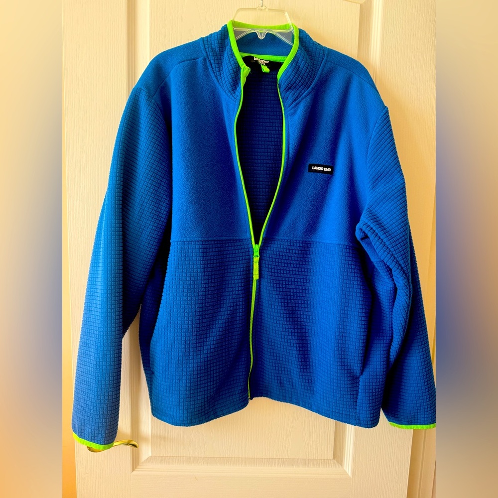 Lands' End Men’s Fleece Jacket in Blue with Bright Green Trim